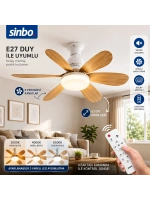 Egonex Sinbo Sf-7708 ( 2in1=tavan Vantilatör & Avize Lamba ) ( Kumandalı ) ( 52cm ) ( 6-ahşap Görünüm Plastik Kanat ) ( 3-kademe Hız )*6=k