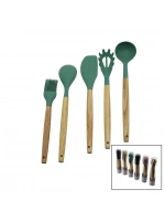 Pablıto Pbt-513 (5pcs) (24.5-30cm) (r.silikon) Mutfak Servis Seti (ahşap Bambu Sap)(kaşık & Kepçe & Spatula & Y.fırçası & S.kaşık)*24x2