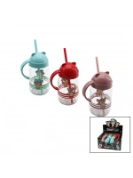 Qlux C-00374 Tedy Bear ( Pipetli ) ( Cam ) Bardak (ayıcık Resimli) (370cc) (ayıcık Figürlü& Renkli Plastik& Kulplu Kapak)*32=k