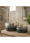 Egonex İbico İ22-331 ( Gri ) ( 2 Boy ) ( Oval ) ( Bambu Kenar ) Organizer Sepet ( Ahşap Altlık & Bezli ) ( 21x14-25x16cm )*36