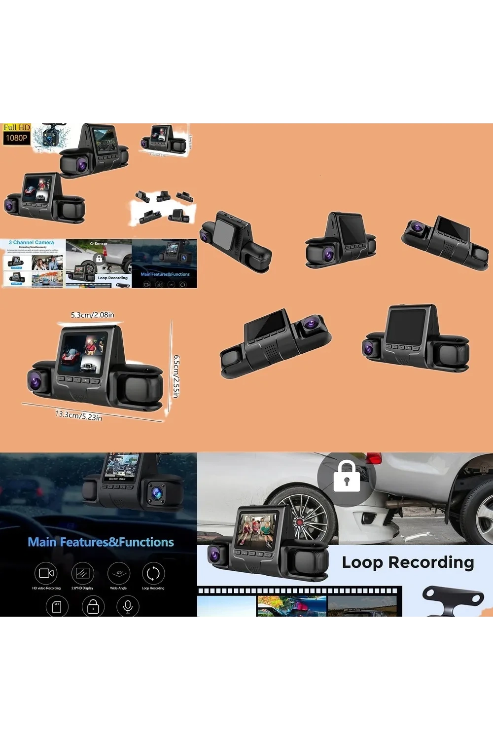 1080p Üçlü Lens Araba Dash Cam Dashcam Ön İç & Arka Hd Araba Dvr 120 ° Açı Döngü Kaydı Yerçekimi Sensörü