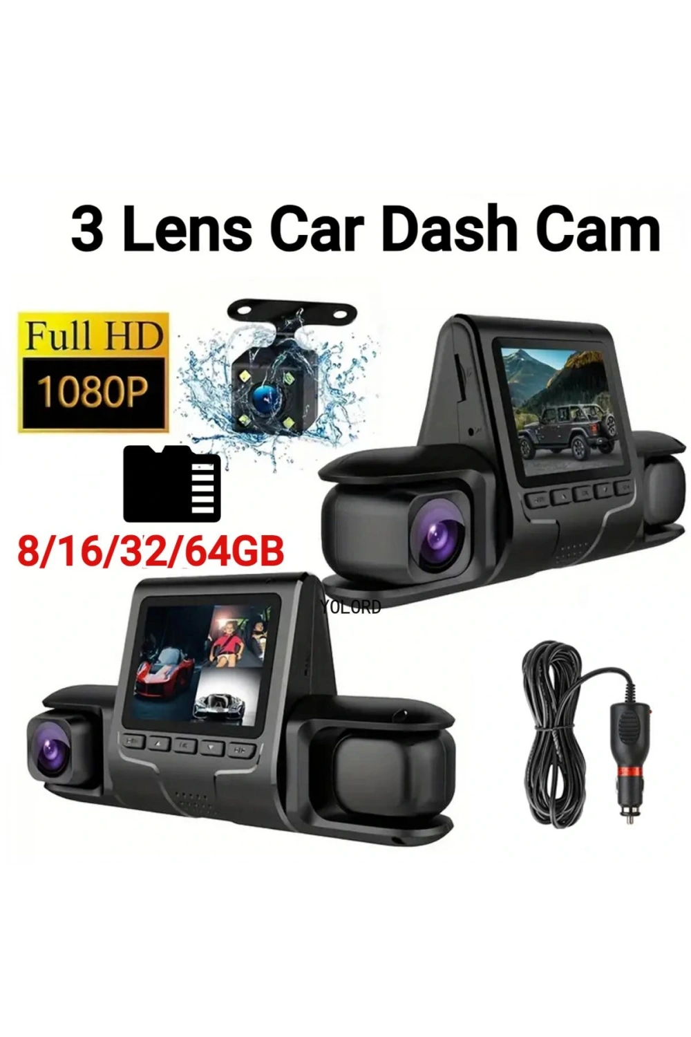 1080p Üçlü Lens Araba Dash Cam Dashcam Ön İç & Arka Hd Araba Dvr 120 ° Açı Döngü Kaydı Yerçekimi Sensörü