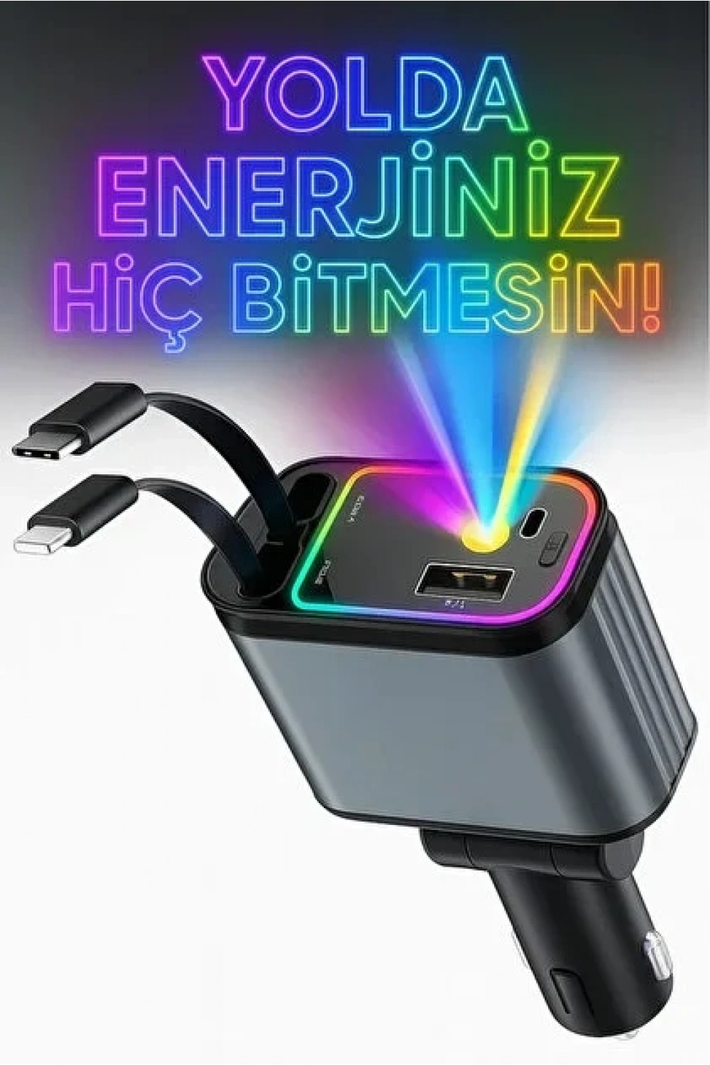 66w Araç Şarj Cihazı | 4in1 Geri Çekilebilir Kablo | Type-c + Lightning | Yıldızlı Tavan Efekti