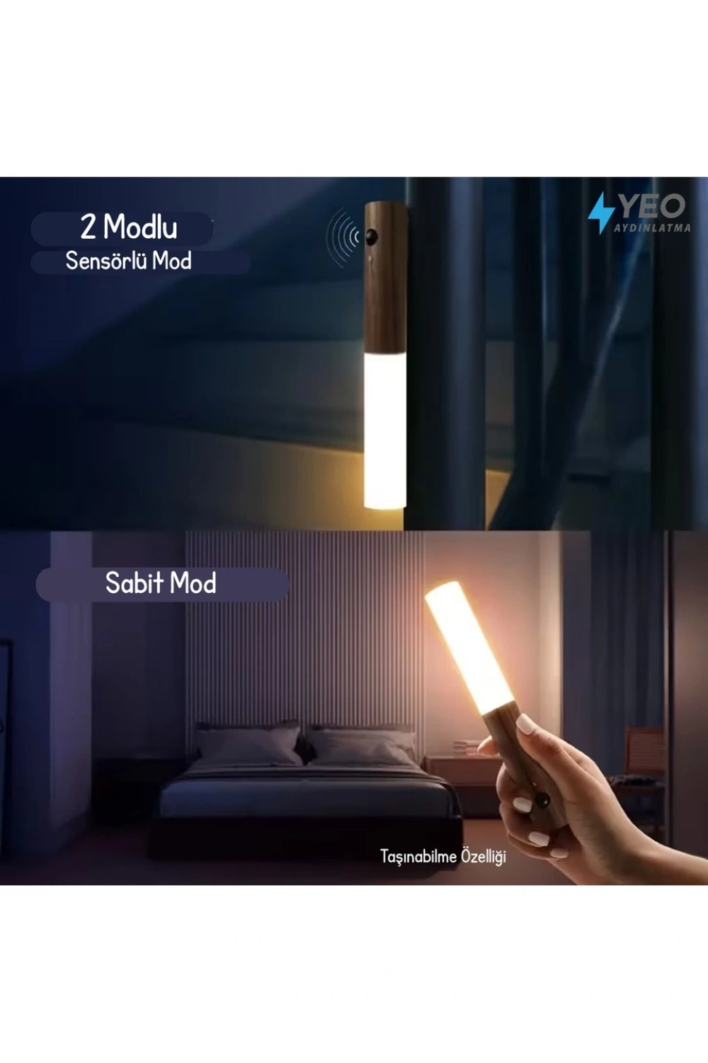 Sensörlü Usb Şarjlı Mıknatıslı Taşınabilir Duvar Aplik Masa Lambası Ahşap Görünümlü Gün Işığı
