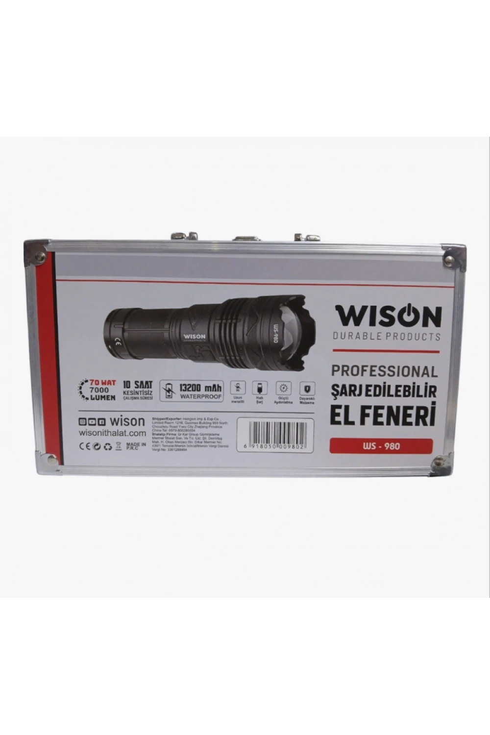 Wıson 980 Profesyonel Zoomlu El Feneri | 60w – 7000 Lümen – 13.200 Mah – Type‑c – Metal Gövde
