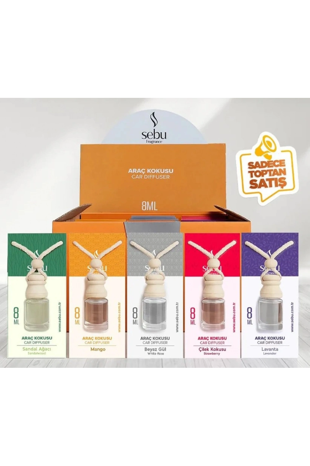 Sebu Fragrance Oto & Araç Kokusu (cam Şişe) (ipli Ahşap Kapak) (8ml) (çilek & Lavanta & B.gül & Sandal & Mango & Okyanus)*24x12