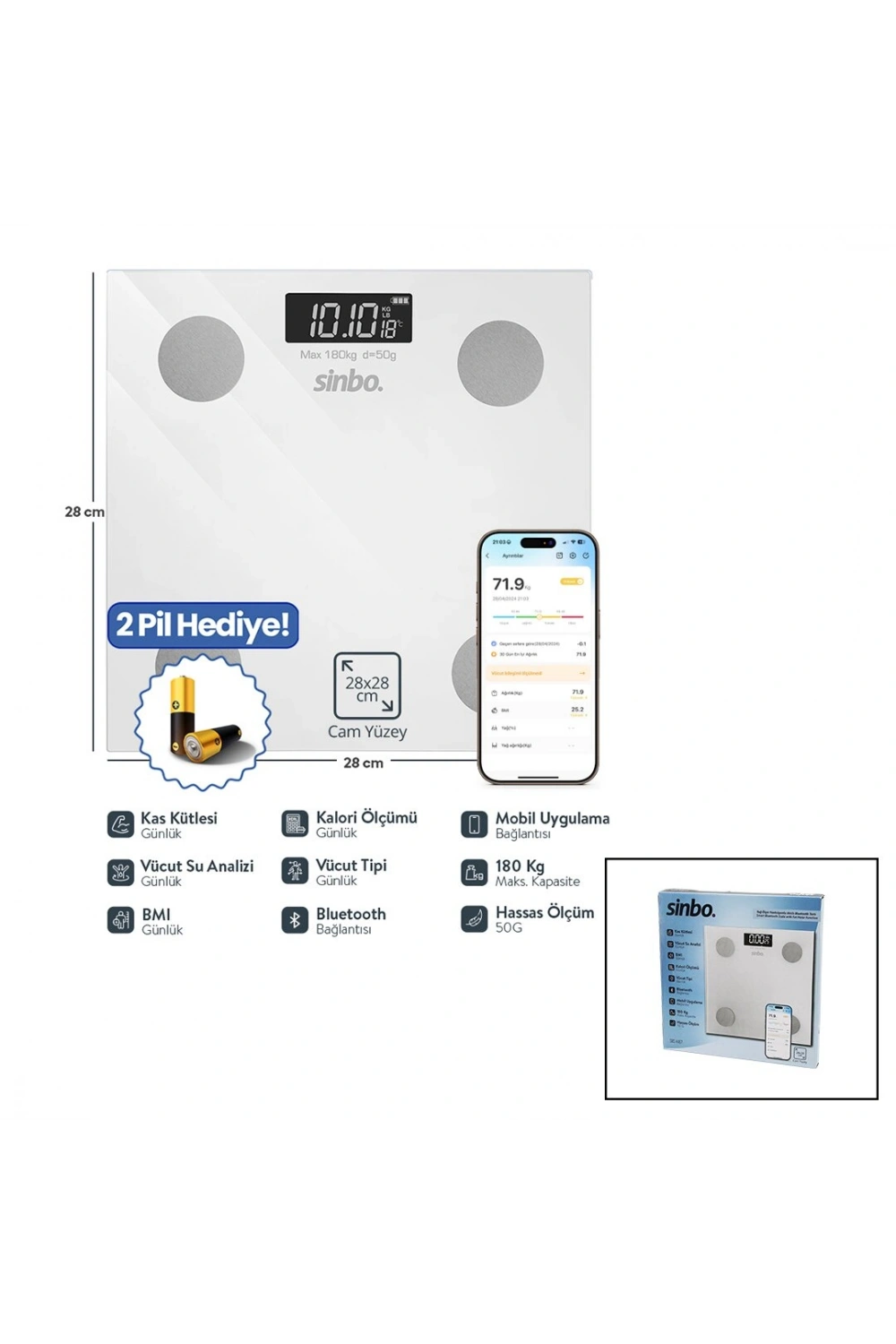 Sinbo Sbs-4467 (yağ Ölçer) Akıllı (bluetooth) Cam Baskül (pilli) (180kg/50gr) (28x28cm) (8-kişi Hafıza) (lcd Ekran) (℃ Gösterge)*10