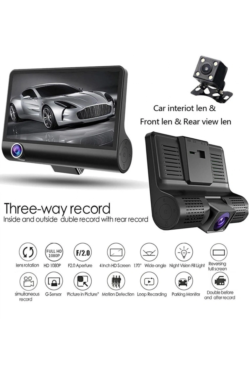4 İnç Araç İçi Kamera Kaydedici Çift Ön Ve Arka Hd 1080p Gece Görüşlü Araç Kamerası