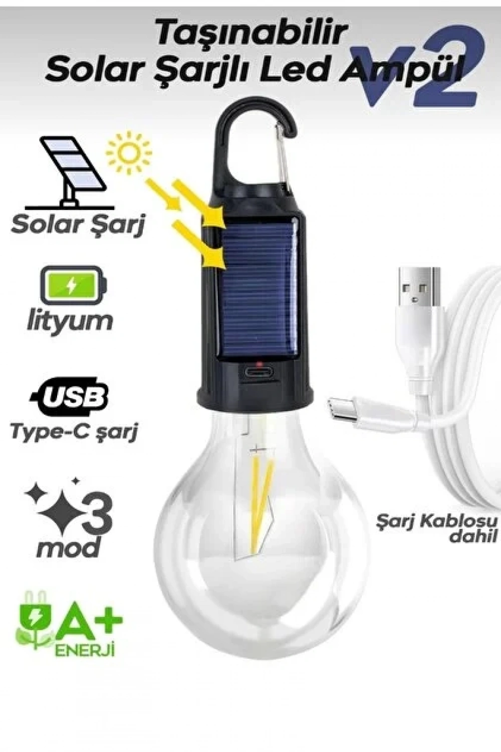 Panther Pt-331 (solar & Usb Şarj) (seyyar Ampul Model=rustik) Kamp Lambası (mandallı Kanca Askılık) (3-kademe Işık)*120