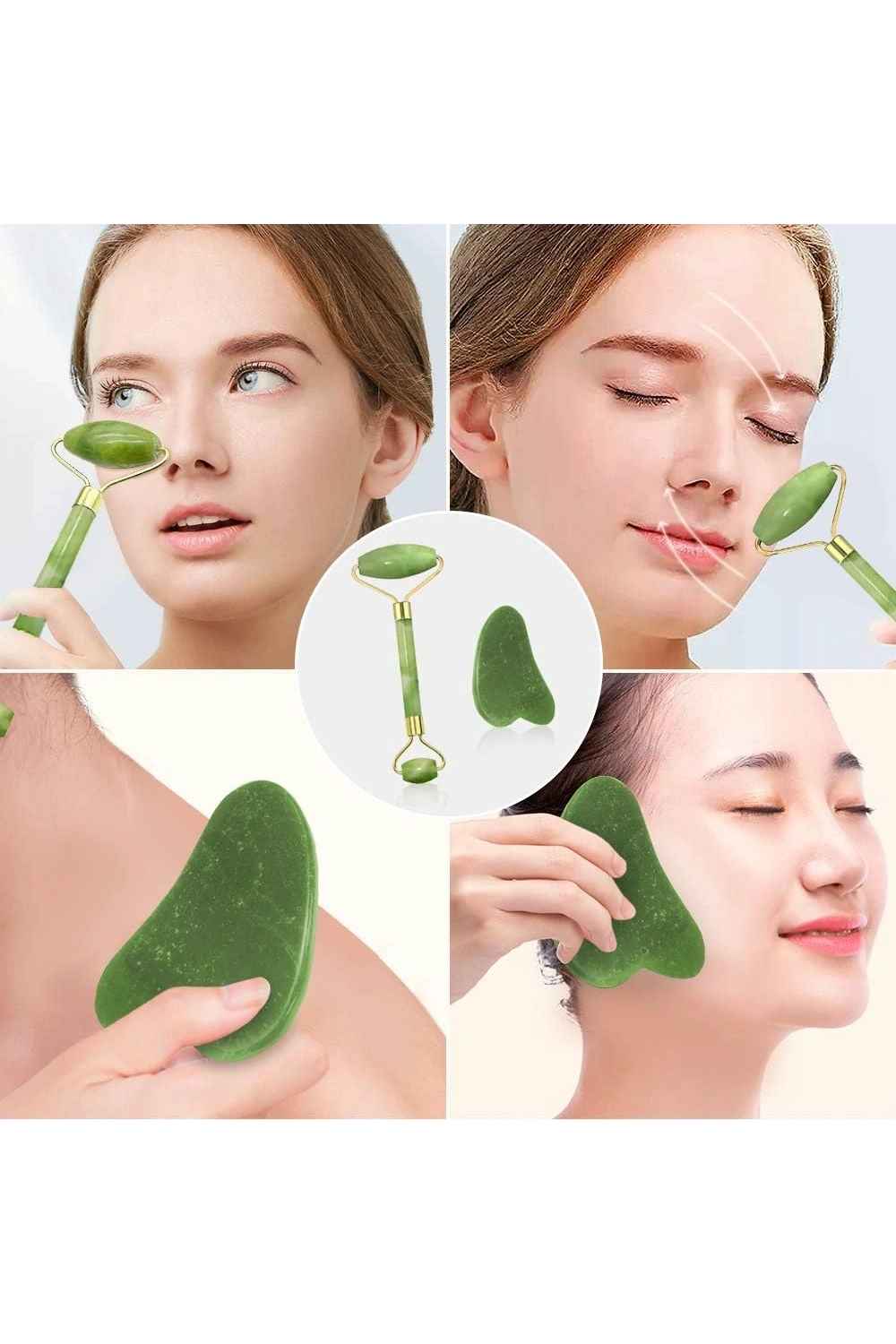 Egonex Yeşil doğal yeşim taşı yüz masaj aleti ve kalp gua sha yüz bakım taşı 2li set jade face roller