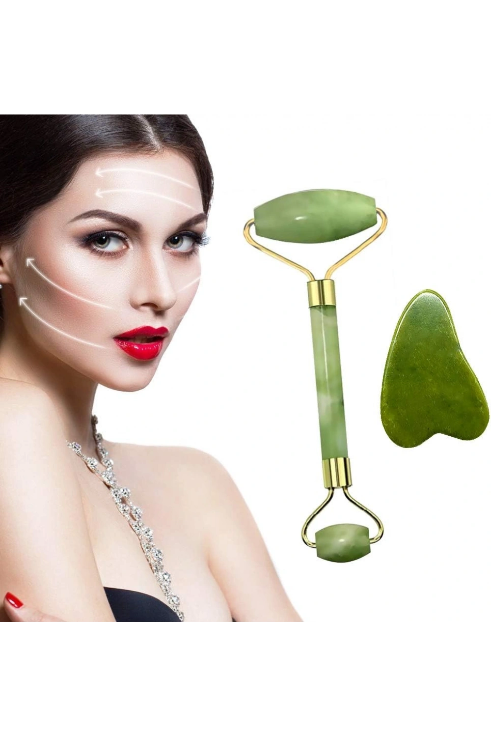 Egonex Yeşil doğal yeşim taşı yüz masaj aleti ve kalp gua sha yüz bakım taşı 2li set jade face roller