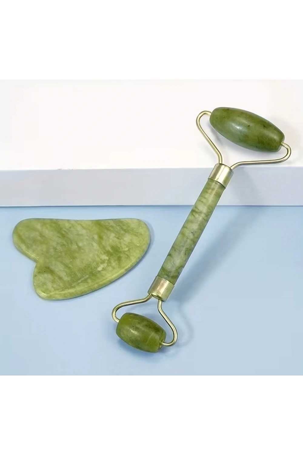 Egonex Yeşil doğal yeşim taşı yüz masaj aleti ve kalp gua sha yüz bakım taşı 2li set jade face roller