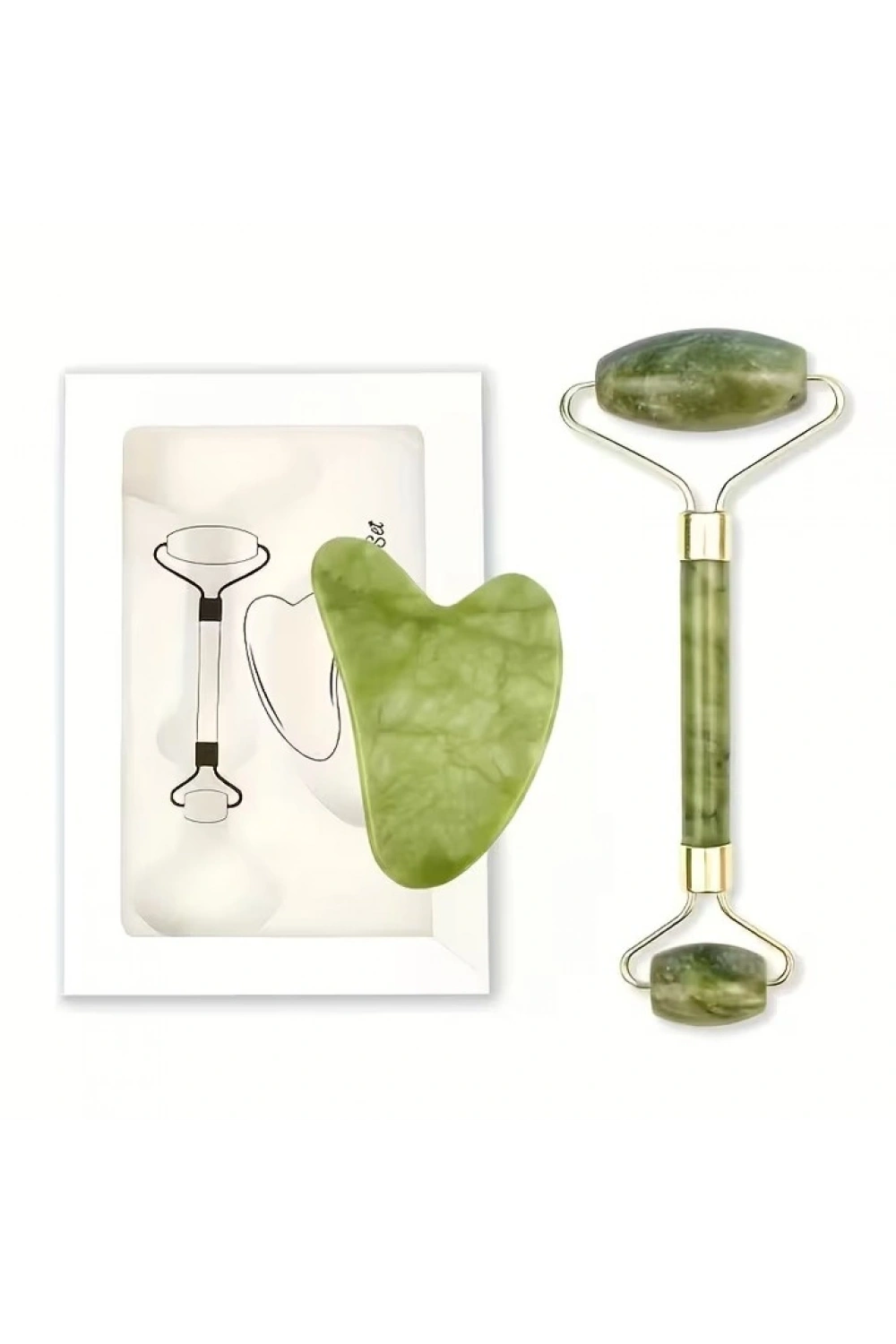 Egonex Yeşil doğal yeşim taşı yüz masaj aleti ve kalp gua sha yüz bakım taşı 2li set jade face roller