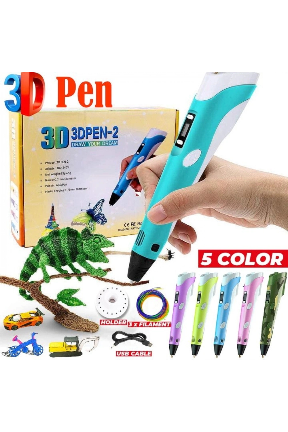 3d Kalem - 3d Pen Baskı Kalemi Yazıcı Printer + 5 Renk Filament