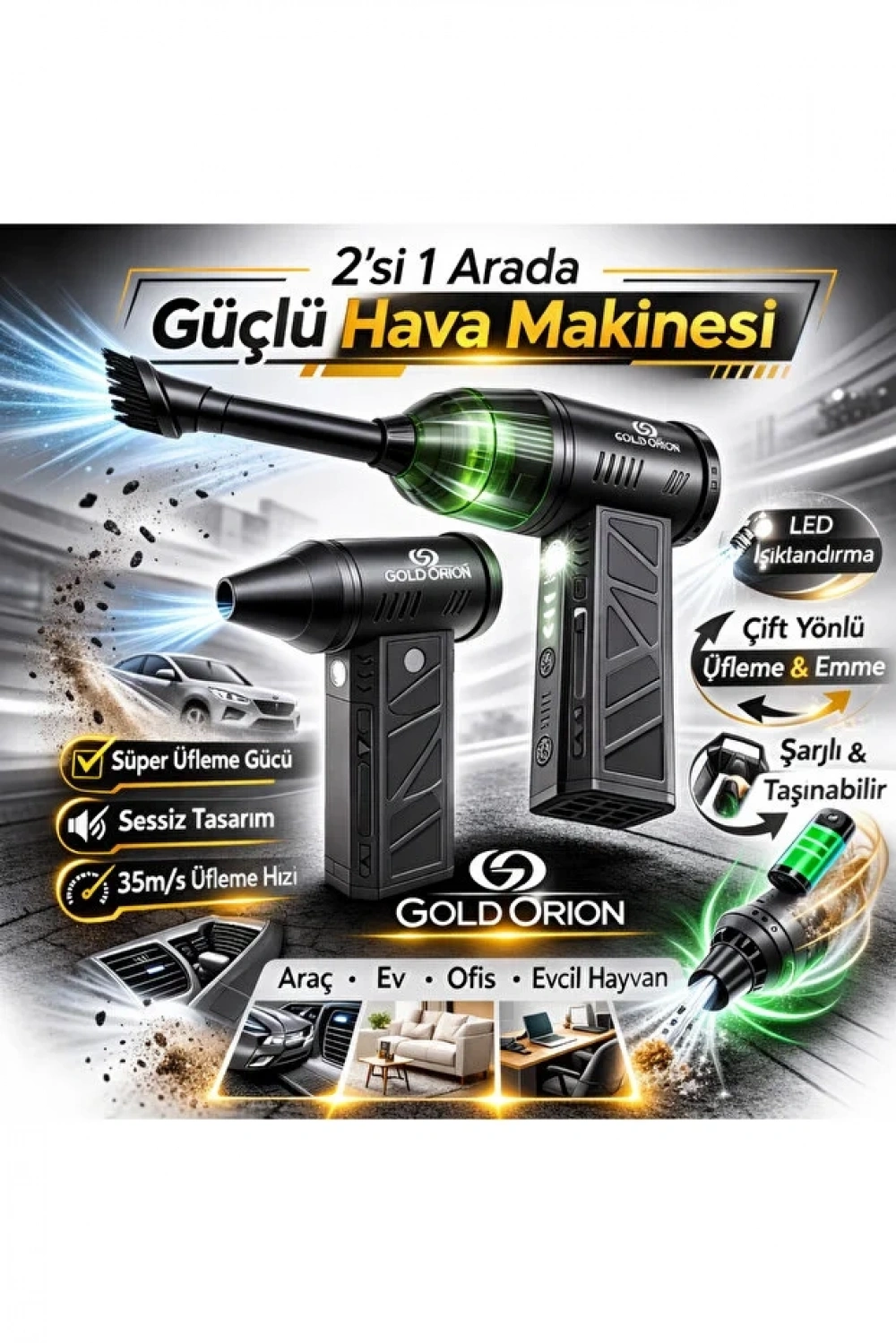 Goldorion Mini Şarjlı Hava Üfleyici ve Vakumlu El Süpürgesi