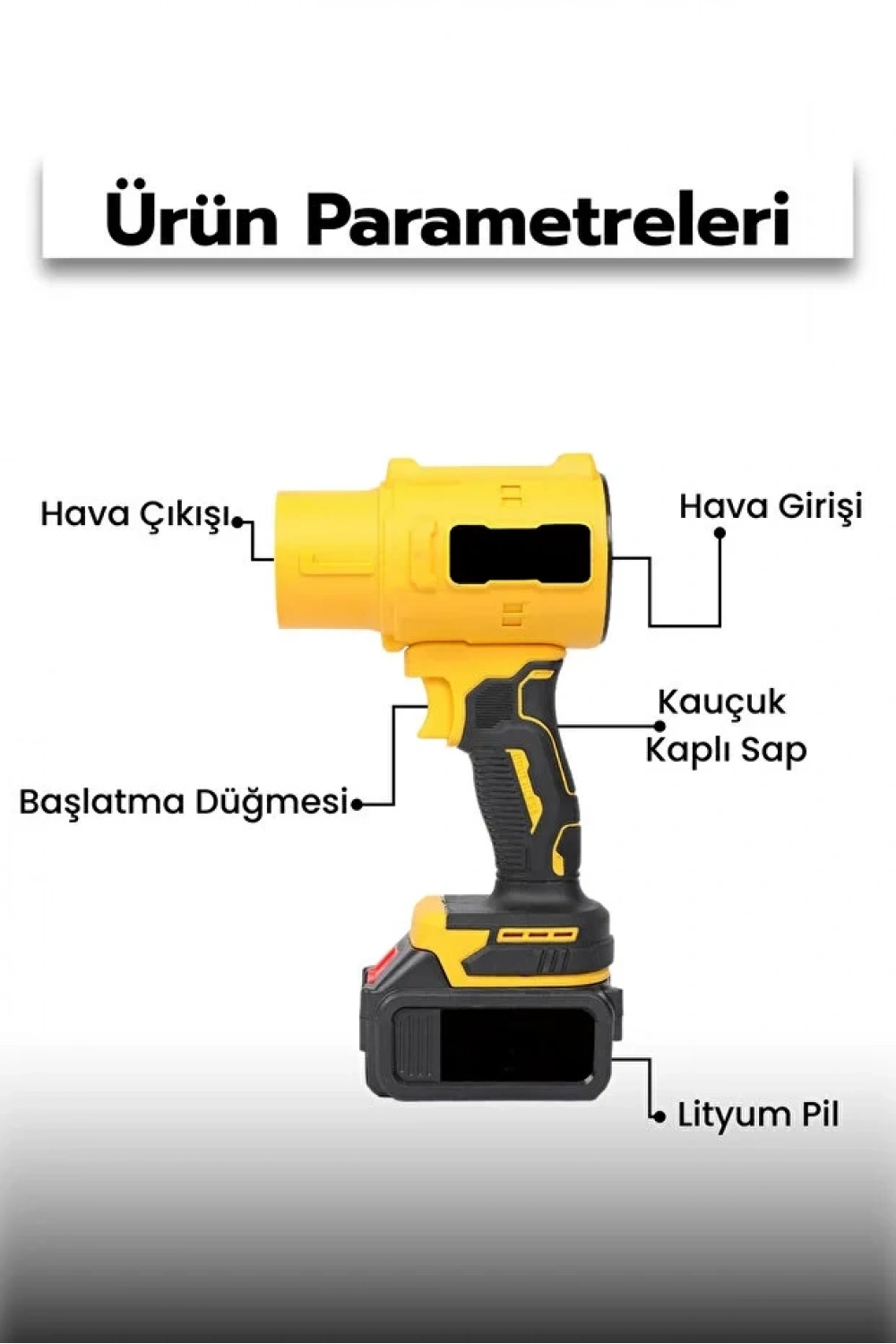 Gold Orion 21V Kablosuz Hava Üfleyici | 32.000RPM Turbo Fan, 12.000mAh Batarya, Bahçe & Araç Kurutma / Sarı