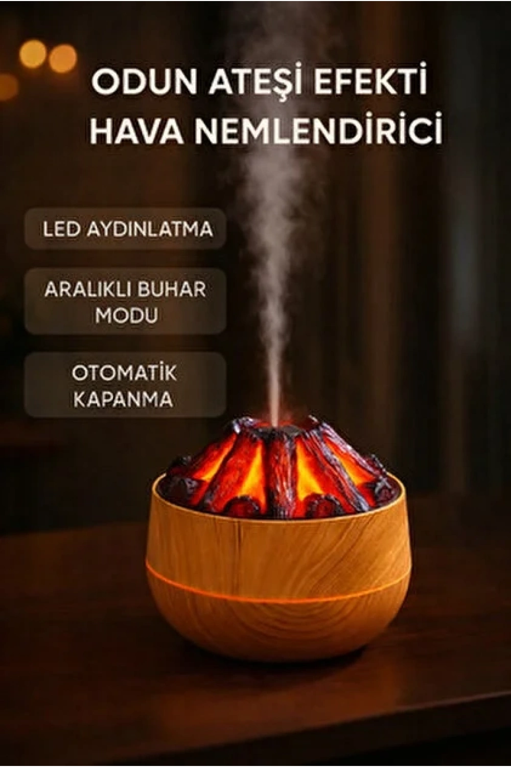 Egonex Ahşap Odun Ateşi Tasarımlı Hava Nemlendiricisi-Buhar Makinası-Aroma Difüzörü Led Işık Volkanik Alev 300ml