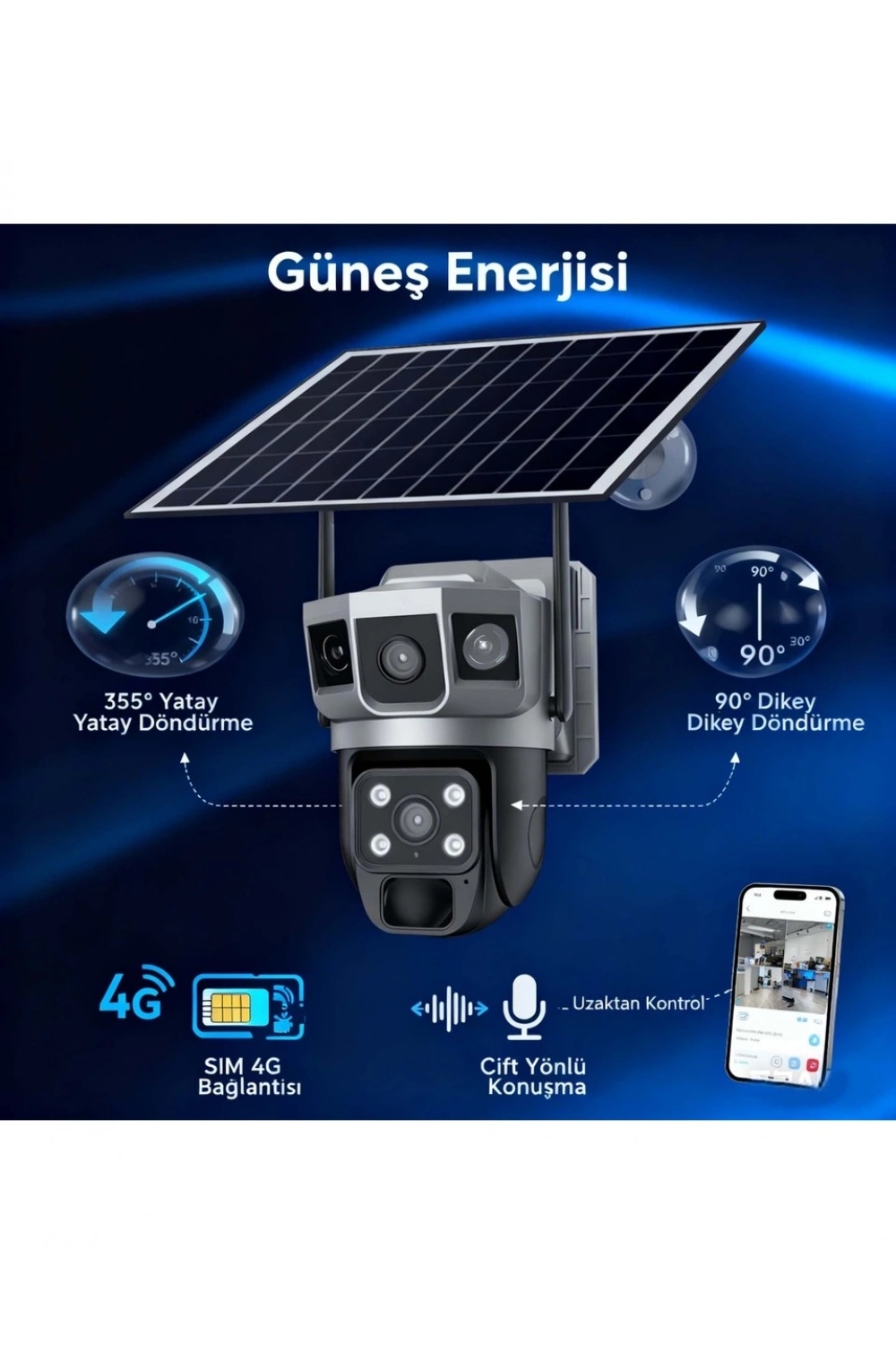 Solar Güneş Enerjili Çift Lens Dış Mekan Güvenlik Kamerası