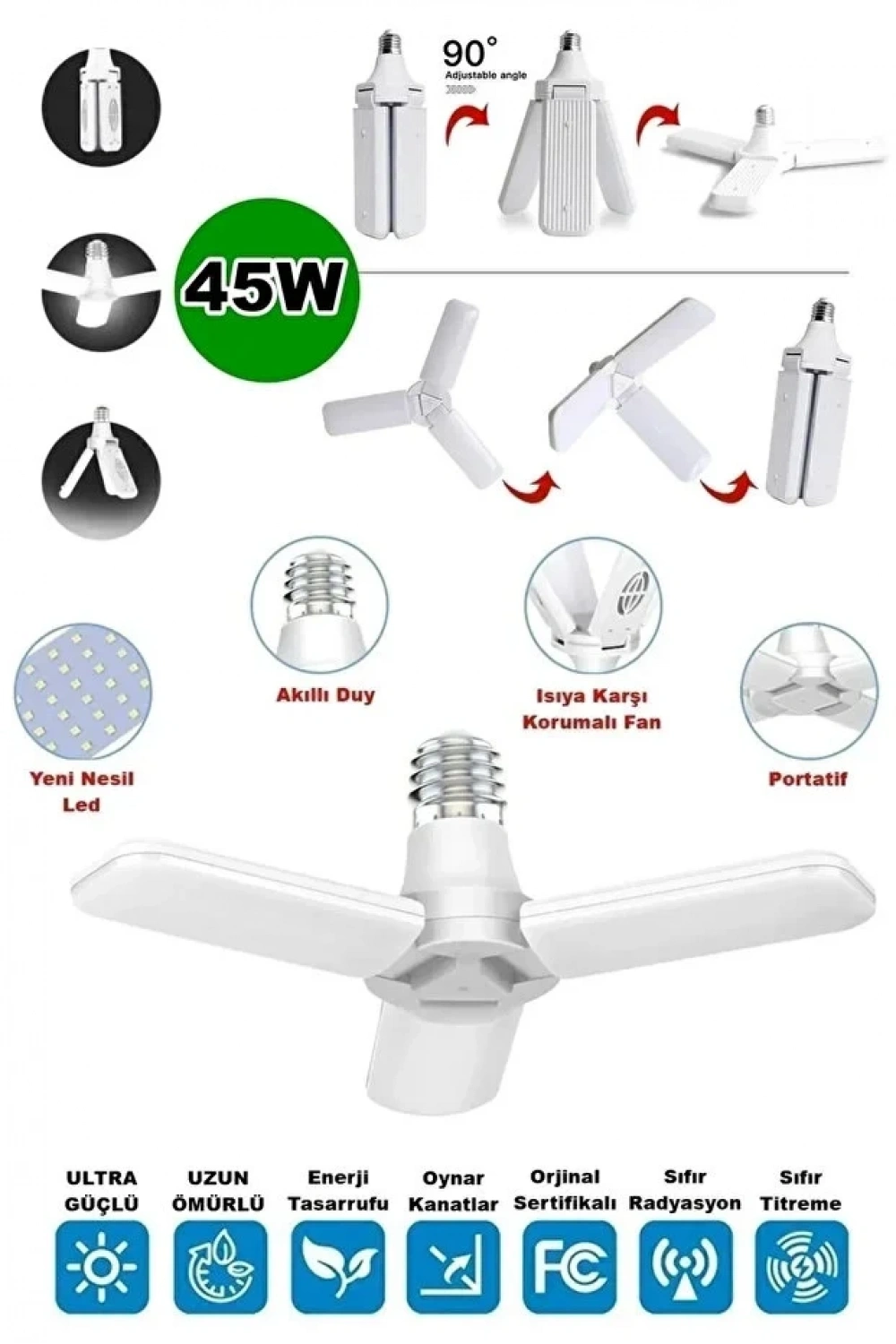 Volemi Pervane LED Ampül 3 Kanatlı 220V 45W 4500 Lümen Beyaz E27