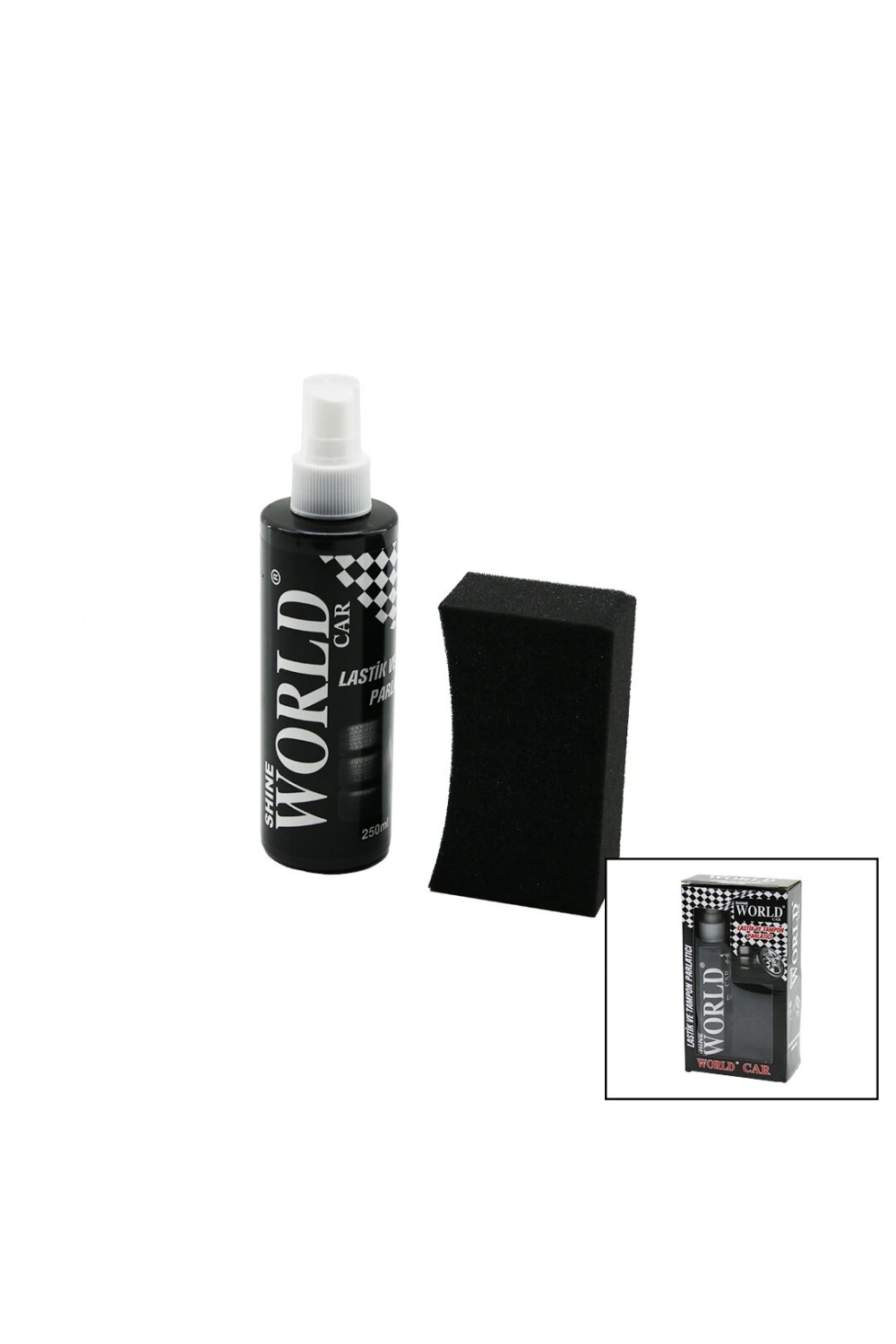 Shıne World Car ( Lastik & Tampon ) Parlatıcı Sprey Seti ( Plastik Şişe ) ( 250ml ± %10 ) ( Parlatma Süngeri )*24