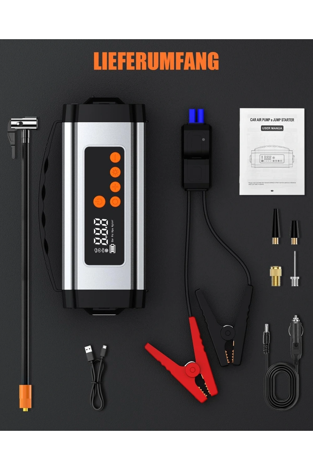 Pro Akü Takviye Şarj Cihazı 10000 Mah Akü Takviye Cihazı Akü Şarj Cihazı Lastik Şişirme Pompası 4in1 Jump Starter
