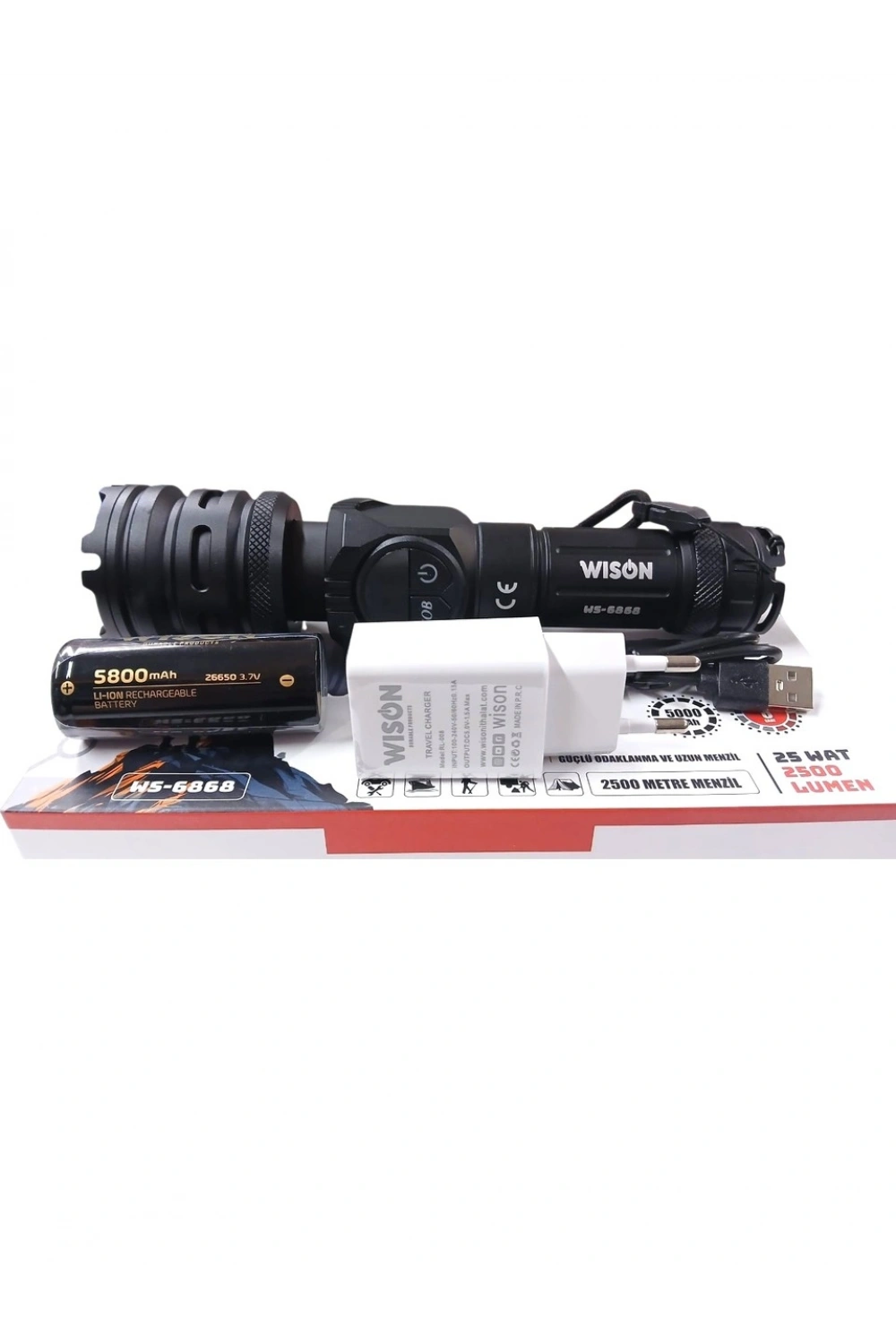 Wıson WS-6868 2500 lümen 25 wat 5000 mah Pil Şarj Edilebilir Uzun Menzilli El Feneri
