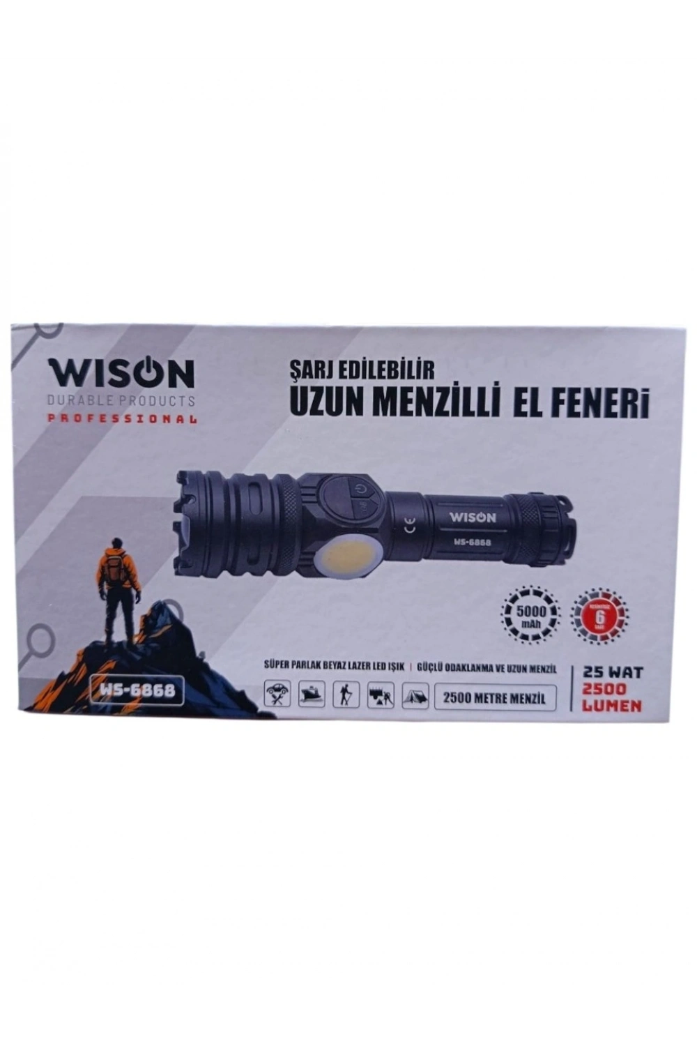 Wıson WS-6868 2500 lümen 25 wat 5000 mah Pil Şarj Edilebilir Uzun Menzilli El Feneri