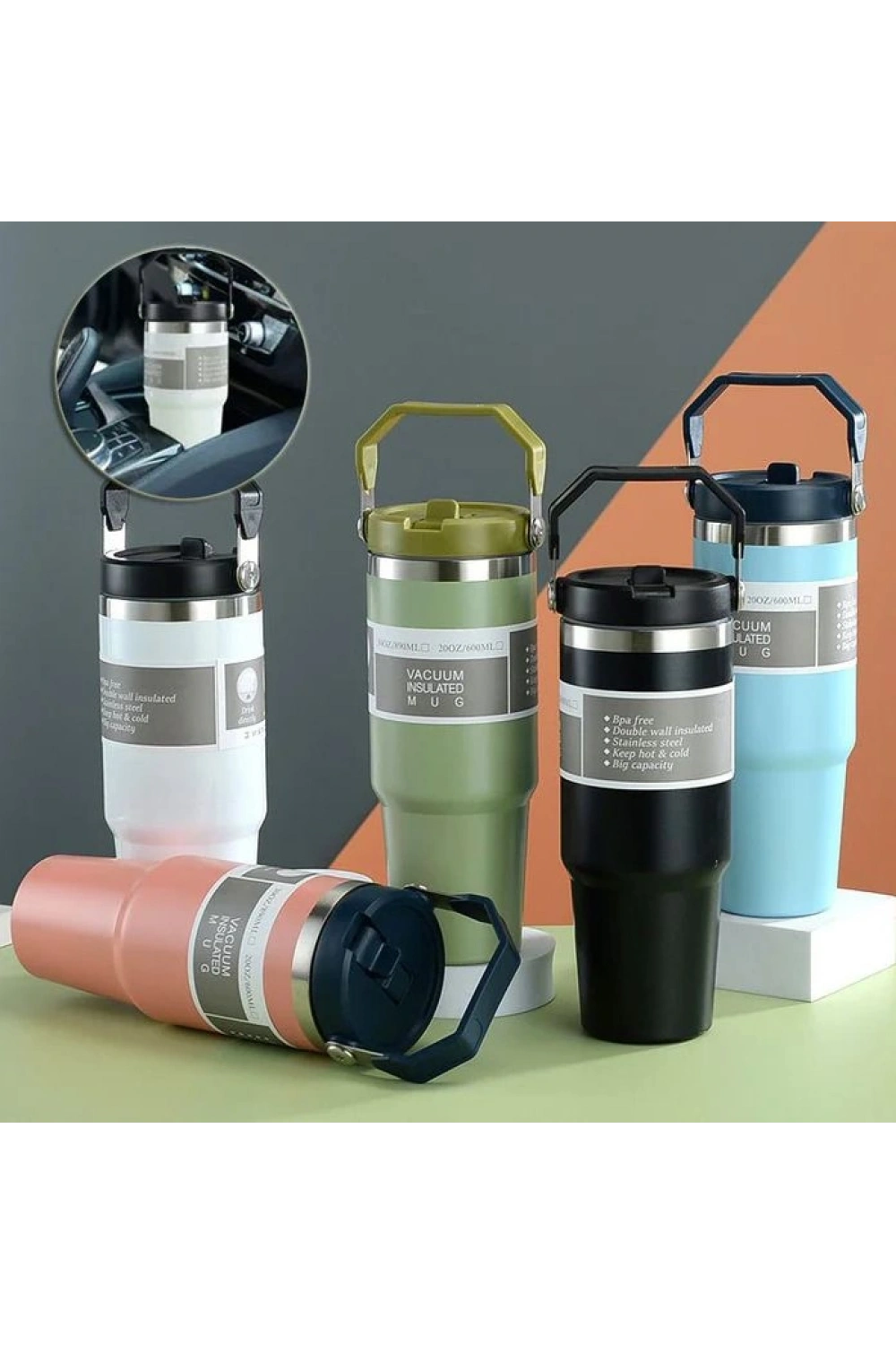 900 ml Taşıma Kulplu Paslanmaz Çelik Termos Mug Bardak
