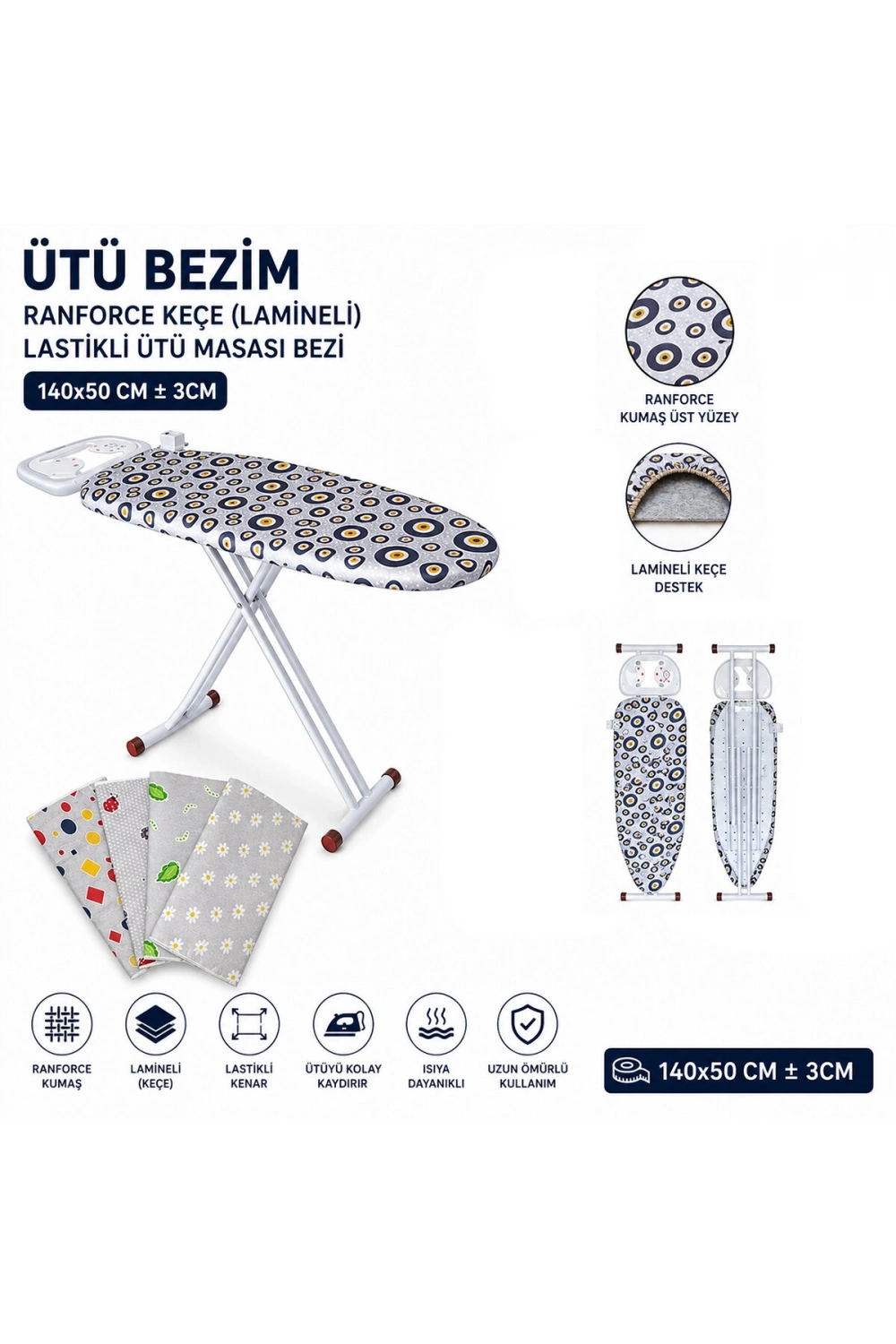 Egonex Ütü Bezim Ranforce Keçe ( Lamineli ) ( Lastikli ) ( Ütü Masası Bezi ) ( 140x50cm ± 3cm)*30