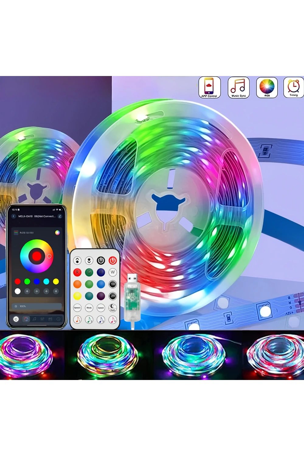 Animasyonlu Suya Dayanıklı Şerit Led 10 Mt Usb Girişli Telefon Kontrollü Rgb Sese Duyarlı