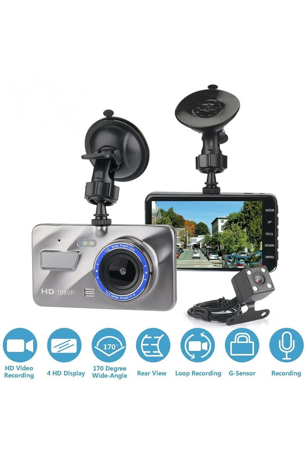 Araba Dvr Dash Cam Arka Görünüm Kameralı: 4 İnç Hd 1080p Çift Lens Araç Video Kaydedici Akıllı G-sensör Ve 170 Dereklik Geniş Açılı