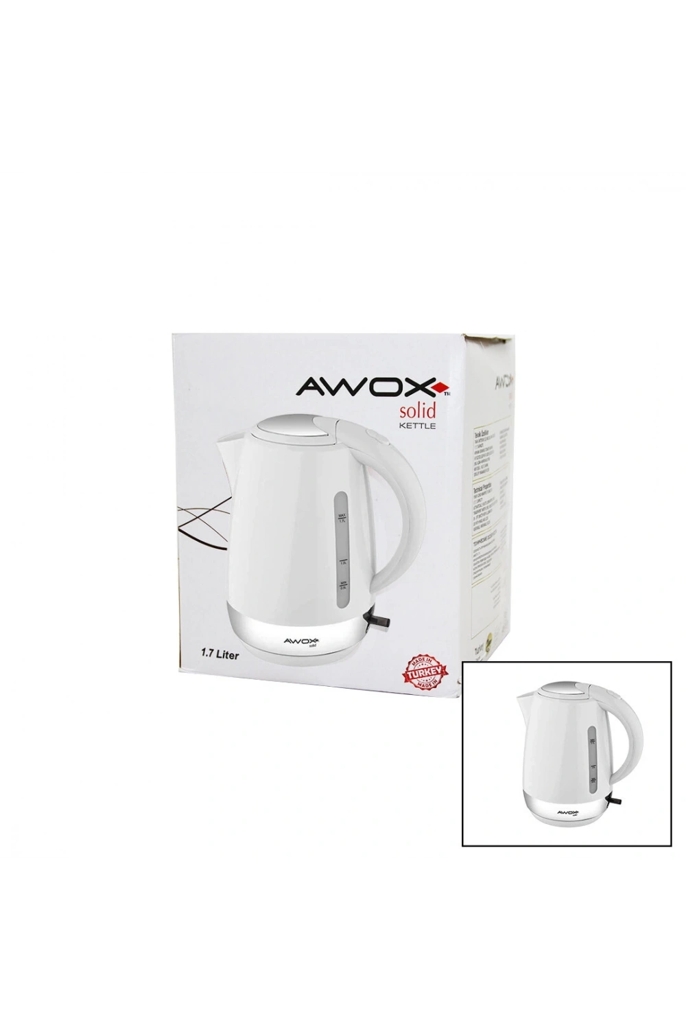 Awox (beyaz) (solid) Kettle Su Isıtıcısı (1.7lt) (2000w) (su Gösterge) (360° Gövde=krom Kaplı Taban) (gizli Rezistans)*12