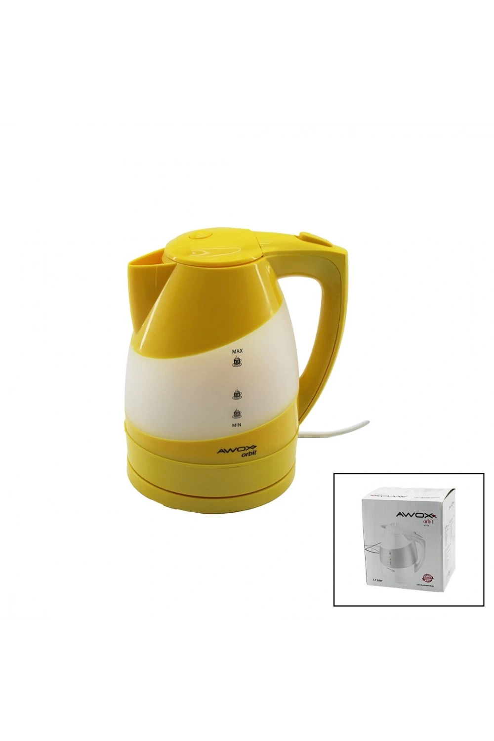Awox ( Sarı ) Orbit Plastik Kettle Su Isıtıcısı ( 1.7lt ) ( 2000w ) ( 360° & Ledli Şeffaf Gövde ) (gizli Rezistans) (kilitli Kapak)*12
