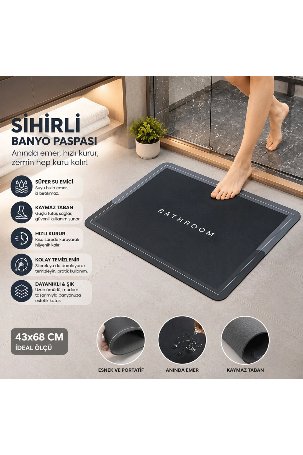 Barotti Bathroom Dmr-8560 ( Dikdörtgen & Mat Renkler ) (37x57cm) Su Emici Sihirli Banyo Paspas ( Elastik )*100