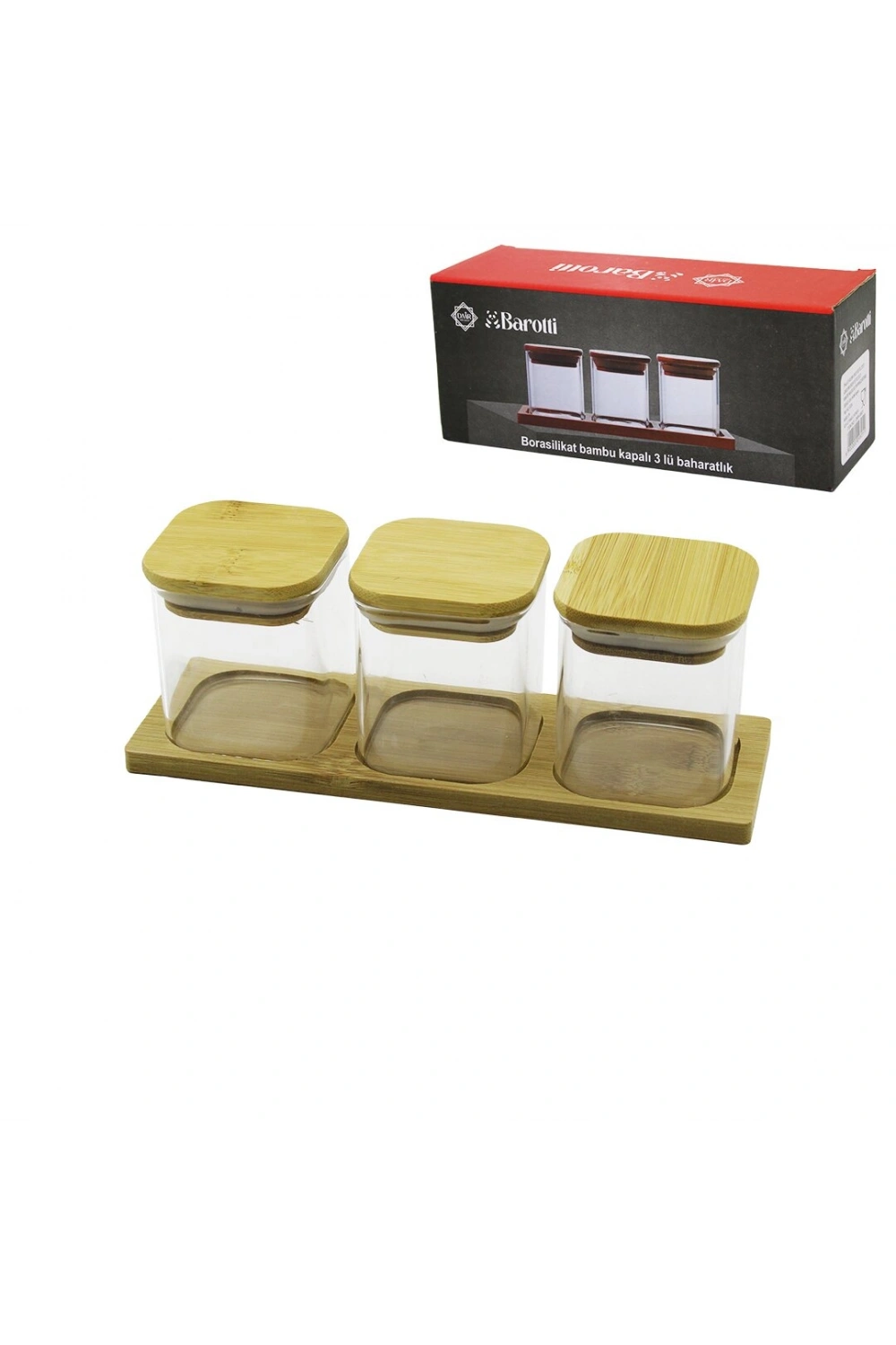 Barotti Dmr-9801 ( 3pcs ) ( Kare ) Borasilikat Baharatlık ( Bambu Kapaklı & Standlı )*24=k