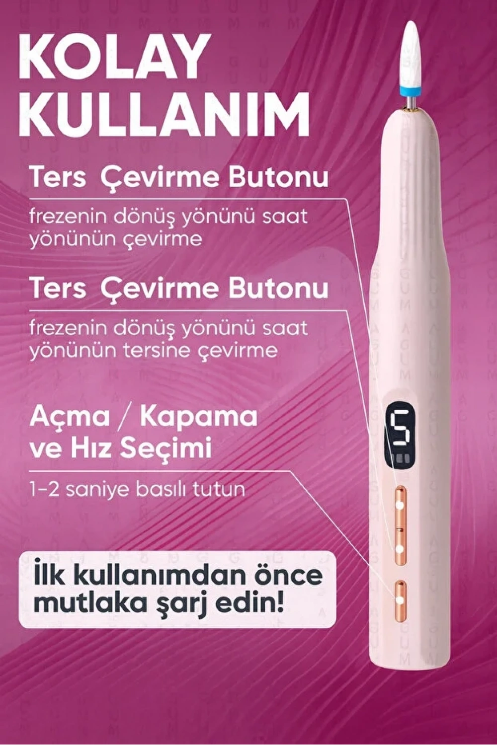 Bawer Şarjlı Manikür Pedikür Seti 5 Kademeli Hız Ayarlı, LED Ekranlı Sessiz & Güçlü 12000 Devirli BWR-43