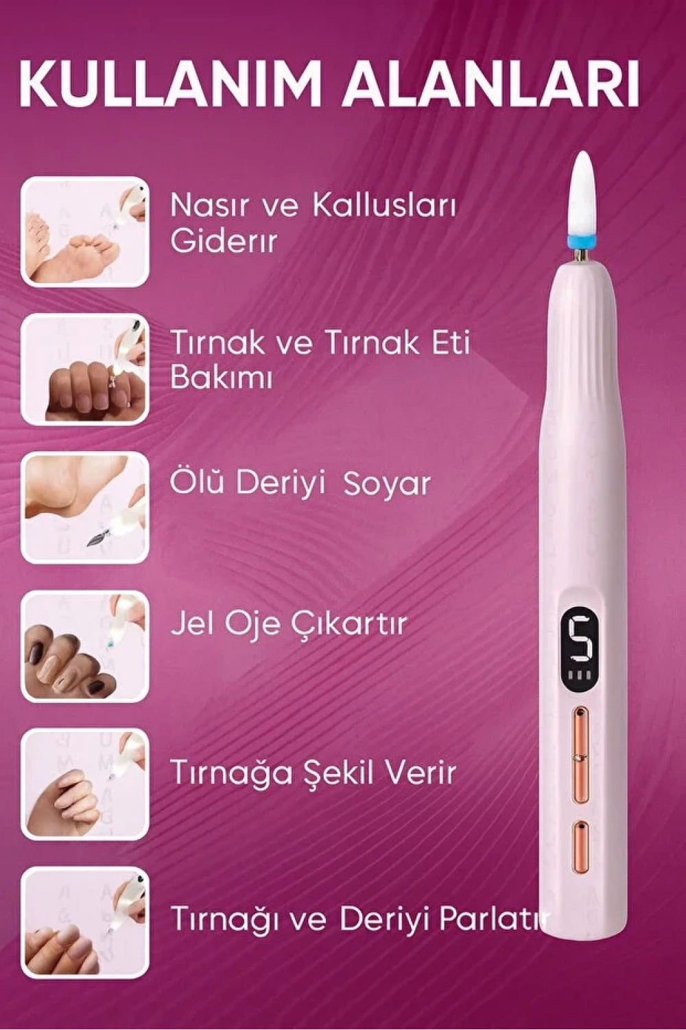 Bawer Şarjlı Manikür Pedikür Seti 5 Kademeli Hız Ayarlı, LED Ekranlı Sessiz & Güçlü 12000 Devirli BWR-43