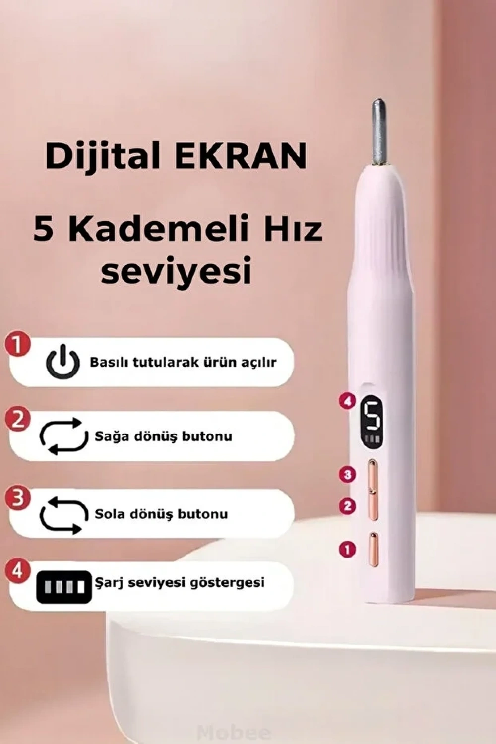 Bawer Şarjlı Manikür Pedikür Seti 5 Kademeli Hız Ayarlı, LED Ekranlı Sessiz & Güçlü 12000 Devirli BWR-43