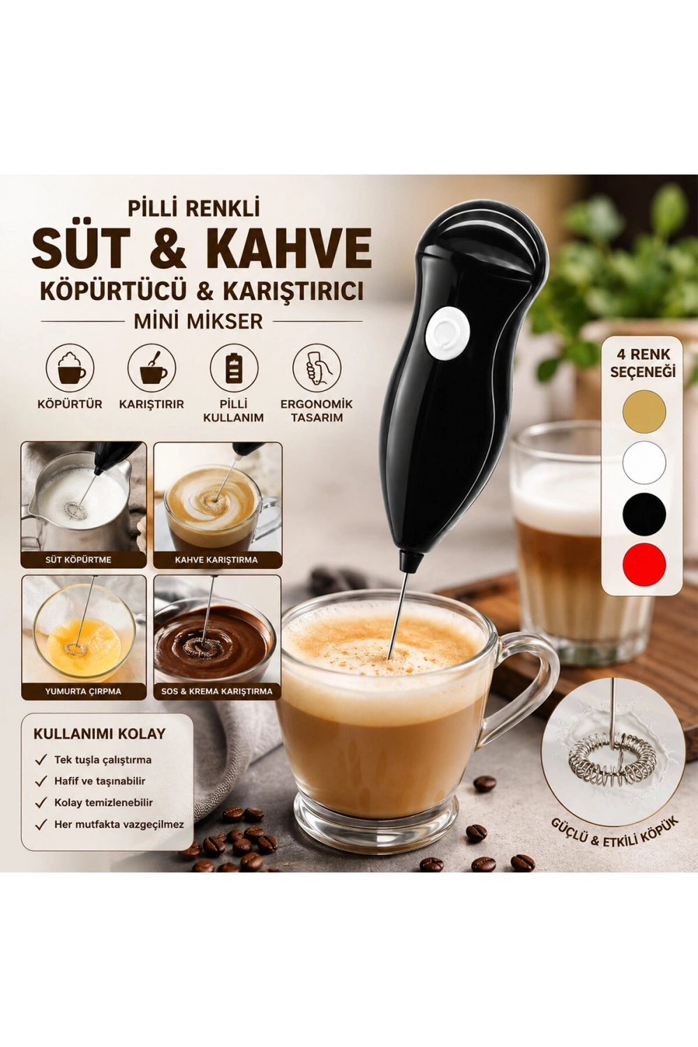 Baysa-486 ( Pilli ) Renkli Süt Ve Kahve Köpürtücü & Karıştırıcı Mini Mikser*200