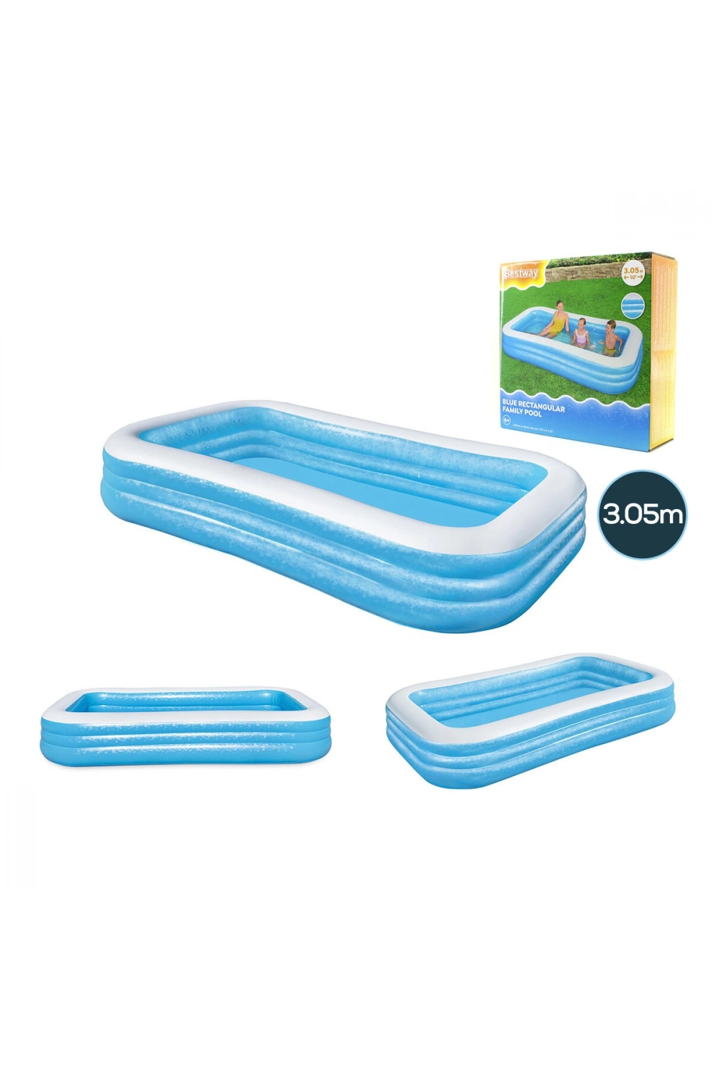 Bestway-54009 ( 3 Halka ) ( 1.16lt ) Dikdörtgen Aile Mavi Şişme Havuz ( 3.05x1.83x56cm ) ( 6+yaş )*2=k