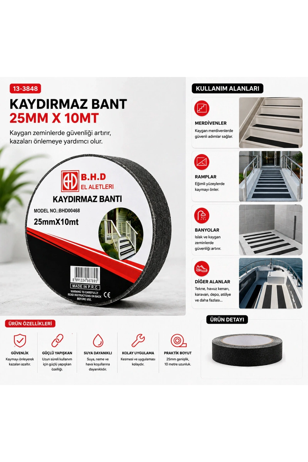 B.h.d Bhd-00468 ( 25mm X 10mt ) ( Kaydırmaz ) ( Siyah ) Bant*72