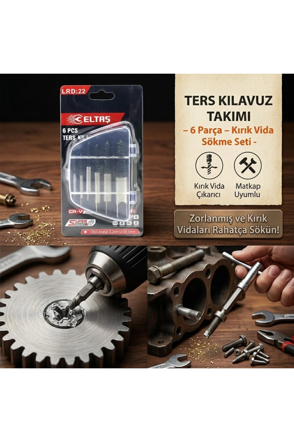 Broken Ppe Extractor Lrd-22 ( 6 Pcs ) Hasarlı Vida Çıkarıcı Set & ( Sola Dönen ) Klavuz Uç*120