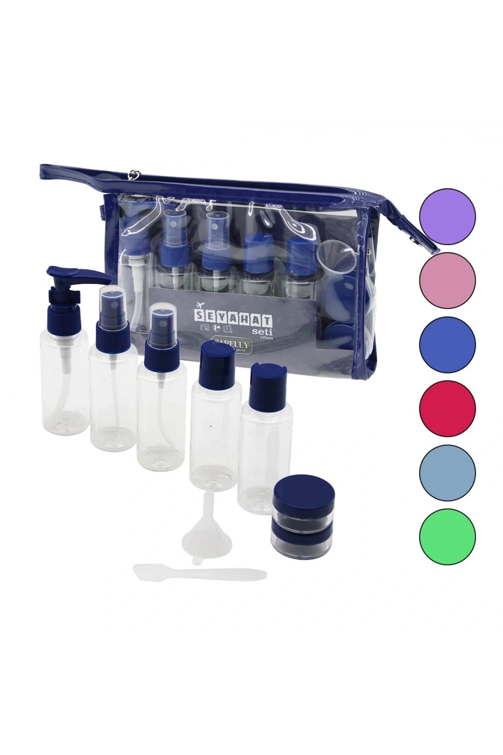 Carelly Cr-3111 (9pcs) Seyahat Kozmetik Set (5-pls.pompalı+sprey+kapaklı Şişe(50ml)& 2-krem Kutu(10gr)& 1-huni & 1-spatula)*12x6