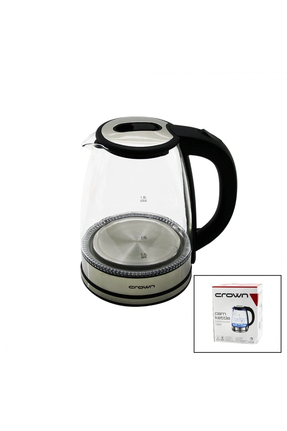 Crown Crw-7204 ( Cam & Ledli ) Kettle ( 1.8lt ) ( 1500w ) ( Çelik Taban & Krom Kapak ) (360° Gövde ) ( Plastik Kulp )*6