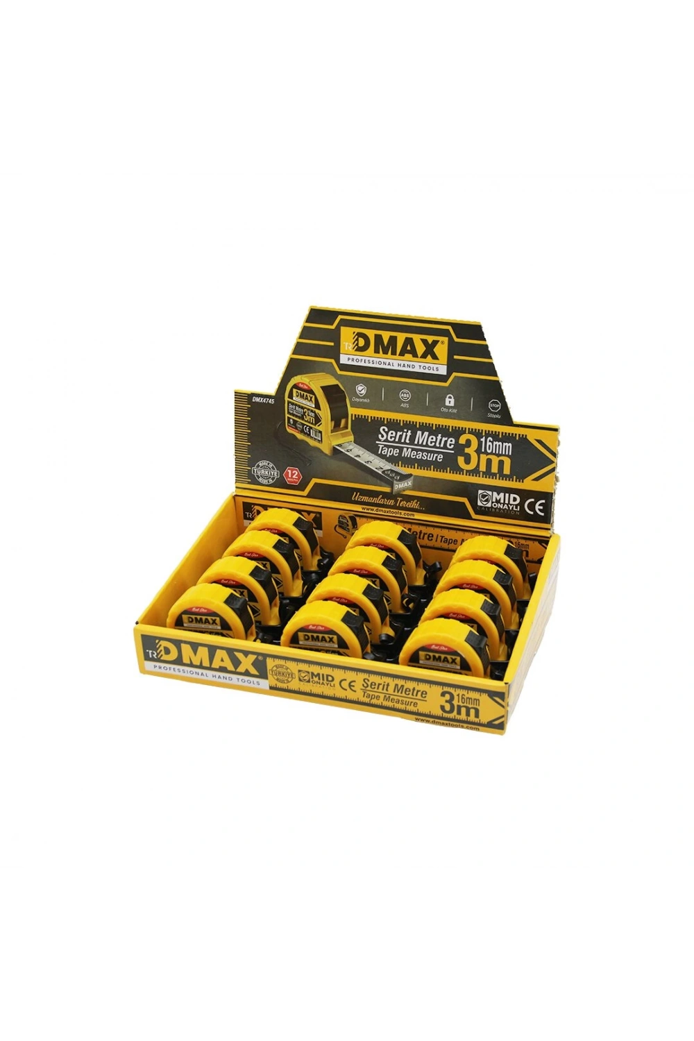 Dmax Dmx-4745 ( 3mt X 16mm ) Çelik Şerit Metre ( Stoplu ) ( Otomatik Kilit= Bas Durdur & Çek Sarsın )*12x12