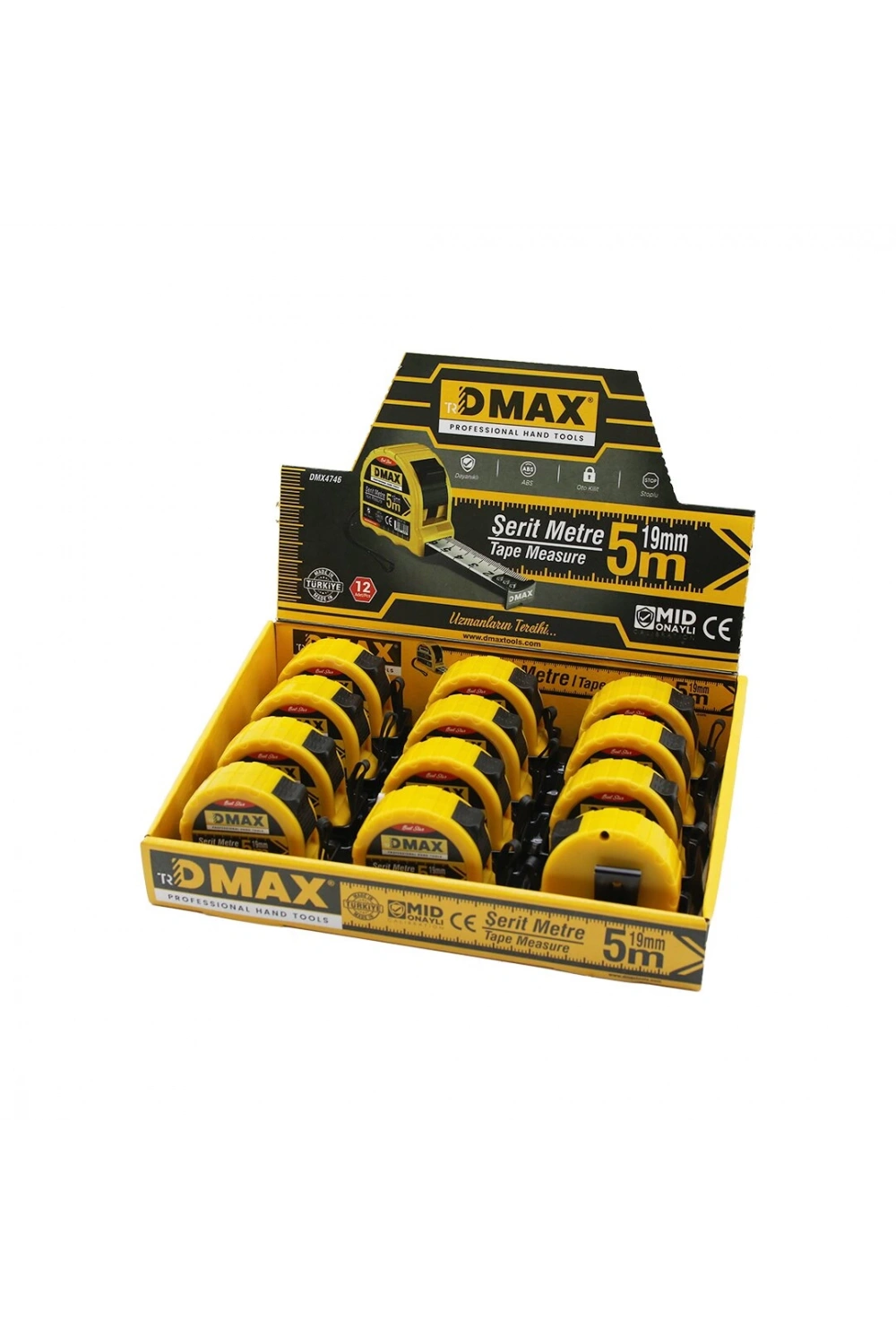 Dmax Dmx-4746 ( 5mt X 19mm ) Çelik Şerit Metre ( Stoplu ) ( Otomatik Kilit= Bas Durdur & Çek Sarsın )*12x10