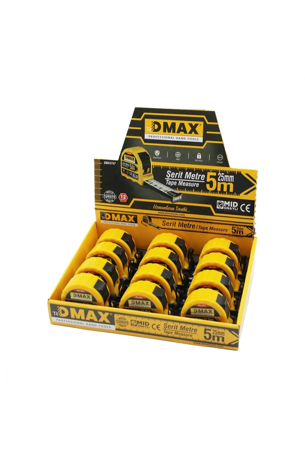 Dmax Dmx-4747 ( 5mt X 25mm ) Çelik Şerit Metre ( Stoplu ) ( Otomatik Kilit= Bas Durdur & Çek Sarsın )*12x8