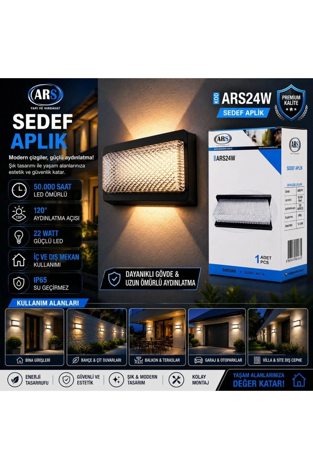 Egonex Ars-348953 ( Ip66 ) ( 50.000 Saat Led Ömrü ) ( 22w ) Sedef Led Aplik Duvar Lambası*30