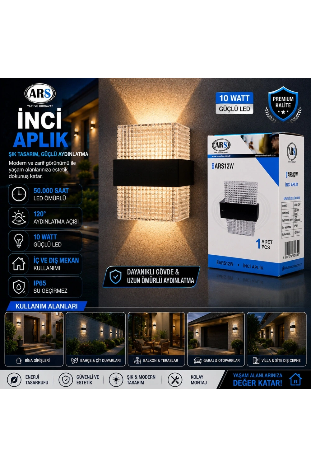 Egonex Ars-348956 ( Ip66 ) ( 50.000 Saat Led Ömrü ) ( 10w ) İnci Led Aplik Duvar Lambası*50