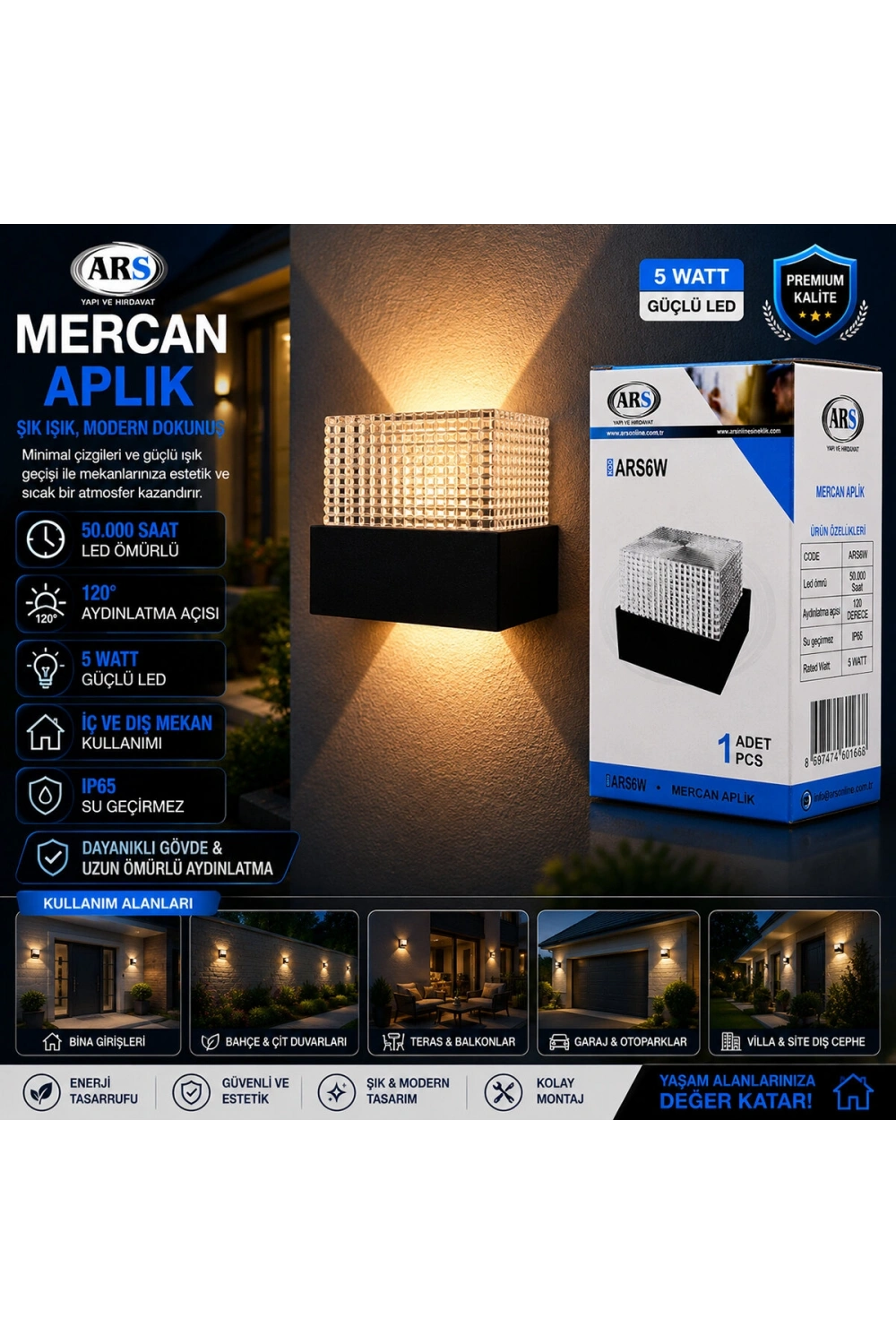 Egonex Ars-348957 ( Ip66 ) ( 50.000 Saat Led Ömrü ) ( 5w ) Mercan Led Aplik Duvar Lambası*48